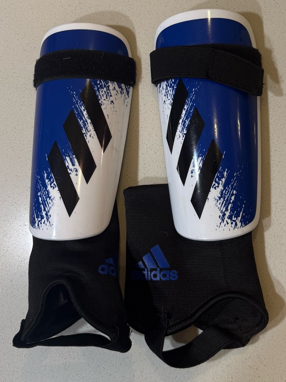 adidas Blue, White & Black Soccer Shin Guards with Ankle Sleeves Youth Large